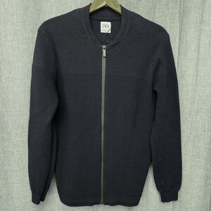 Zara Rib Textured Cardigan Sweater Men's S/M Zip-Up Navy Cotton Blend